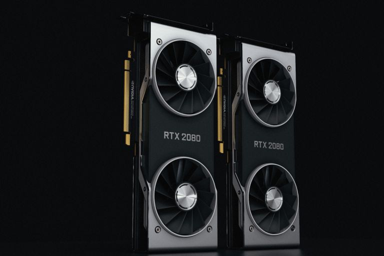 GPU Technology Close-up of two NVIDIA RTX 2080 graphics cards with dual fans, high-performance hardware.