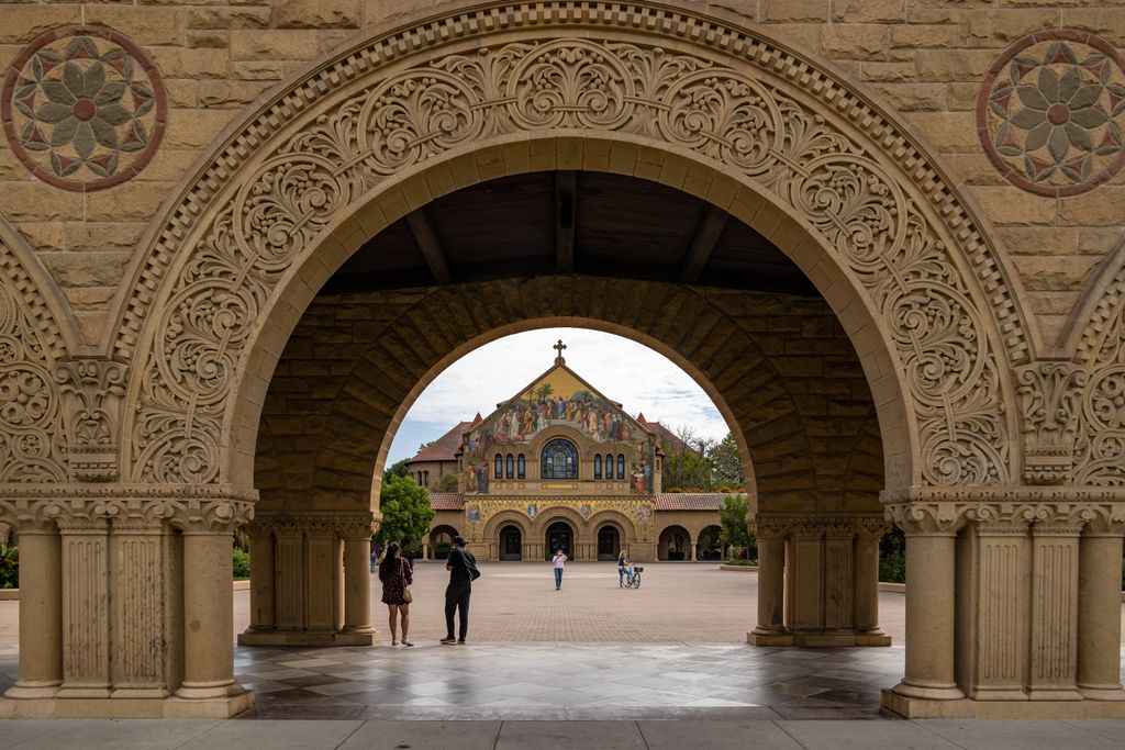 Intricate arches framing Stanford Memorial Church at Stanford University, California.