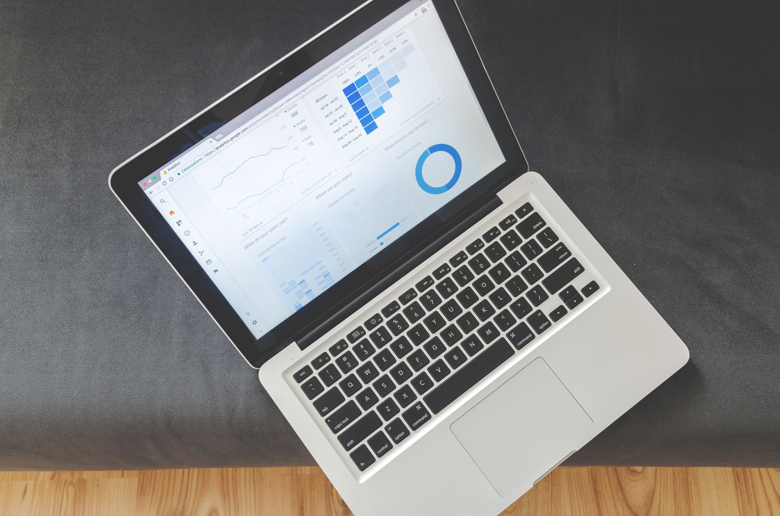 v Overhead view of a laptop showing data visualizations and charts on its screen.